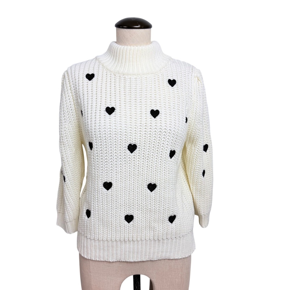 NWOT Anthropologie Heart Embroidered Mock Neck Sweater Cream Black Chunky Knit S